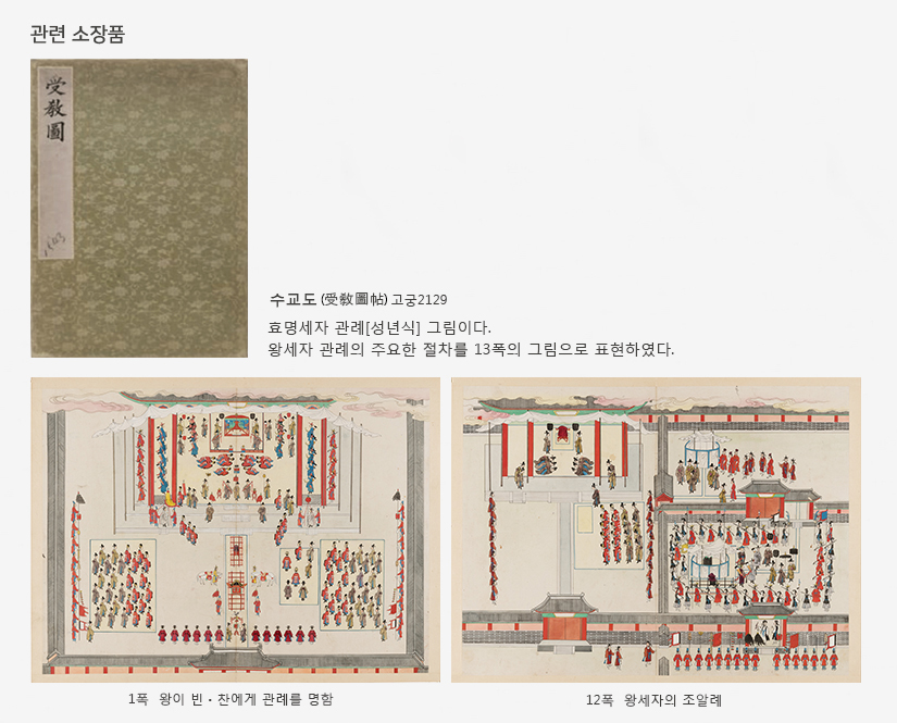 관련 소장품 : 수교도 고궁2129. 효명세자 관례[성년식] 그림이다. 왕세자 관례의 주요한 절차를 13폭의 그림으로 표현하였다. 1폭 왕이 빈·찬에게 관례를 명함. 12폭 왕세자의 조알례