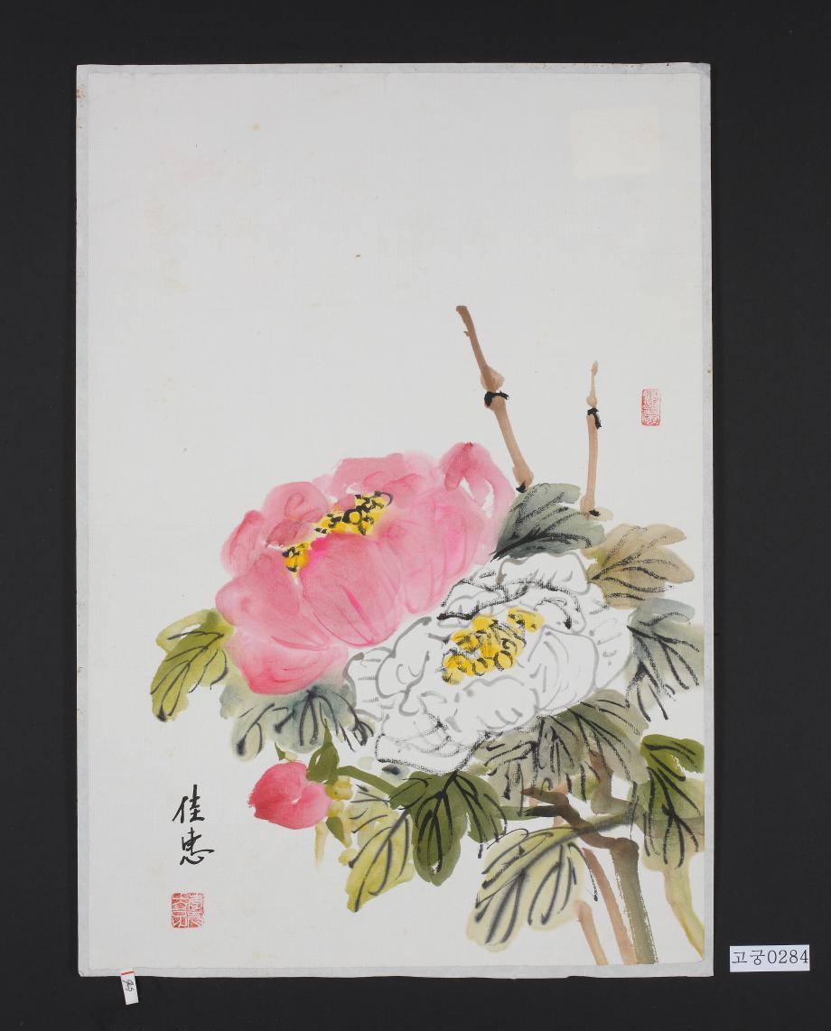 수묵채색모란그림